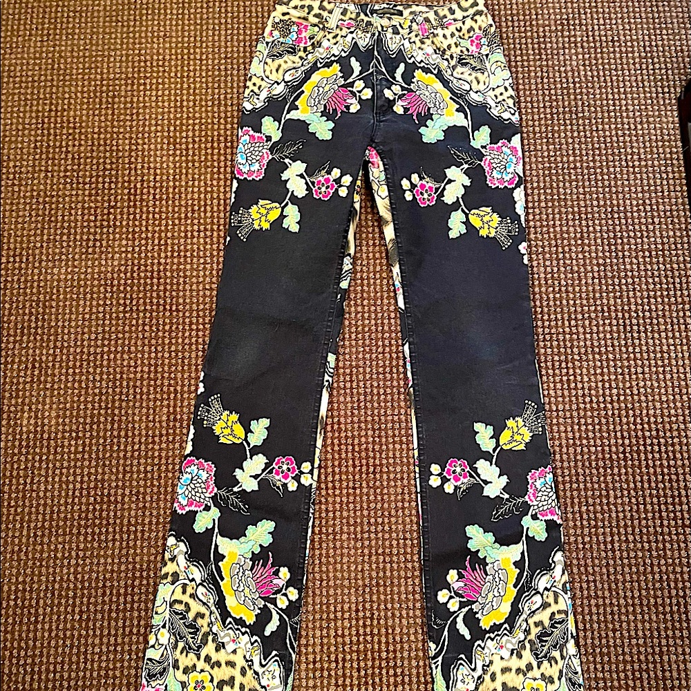 Roberto Cavalli Black Jeans with Flowers